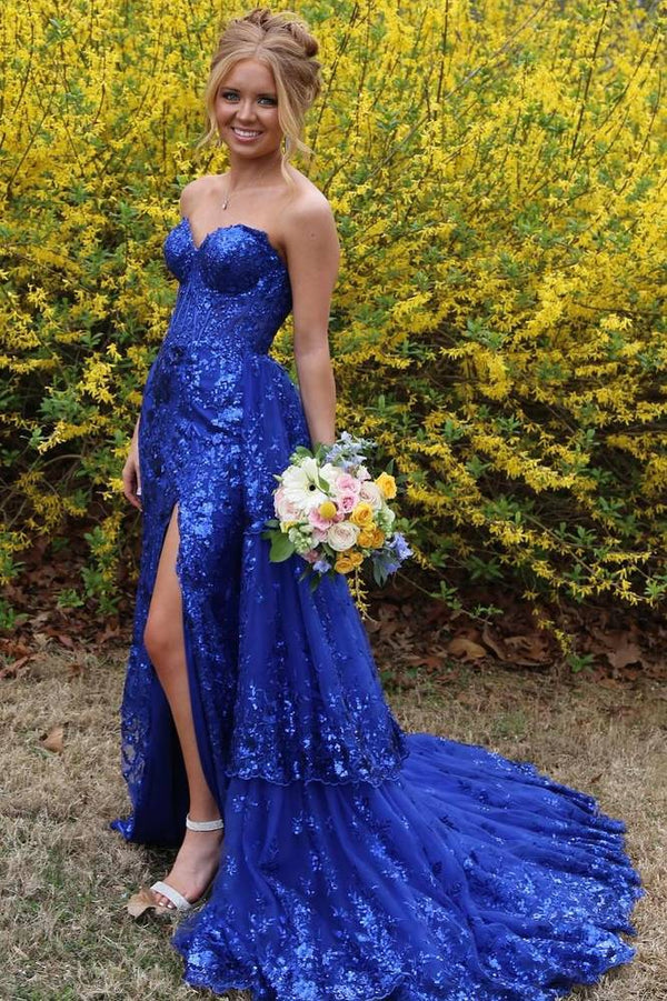 Strapless Applique Sequin Prom Dress with Ruffle Back