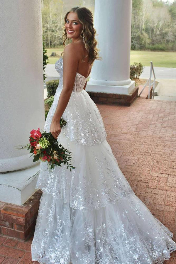 Strapless Applique Sequin Prom Dress with Ruffle Back