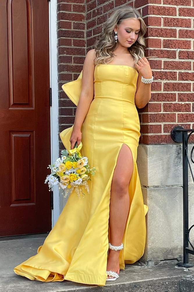 Strapless Yellow Mermaid Prom Dress with Ruffle Back FancyVestido Strapless Yellow Mermaid Prom Dress with Ruffle Back FancyVestido