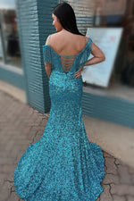 Ink Blue Sequins Tassels Cold Shouolder Long Prom Dress with Slit