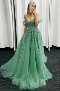 Green Applique A-line Tulle Prom Dress with Off-Shoulder