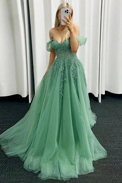 Green Applique A-line Tulle Prom Dress with Off-Shoulder