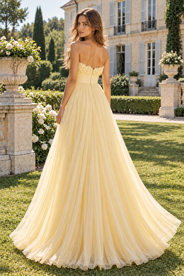 Yellow Chiffon A-Line Sweetheart Strapless Long Party Prom Dress
