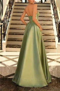 Elegant Sage Strapless Pleated  A-Line Satin Prom Dress