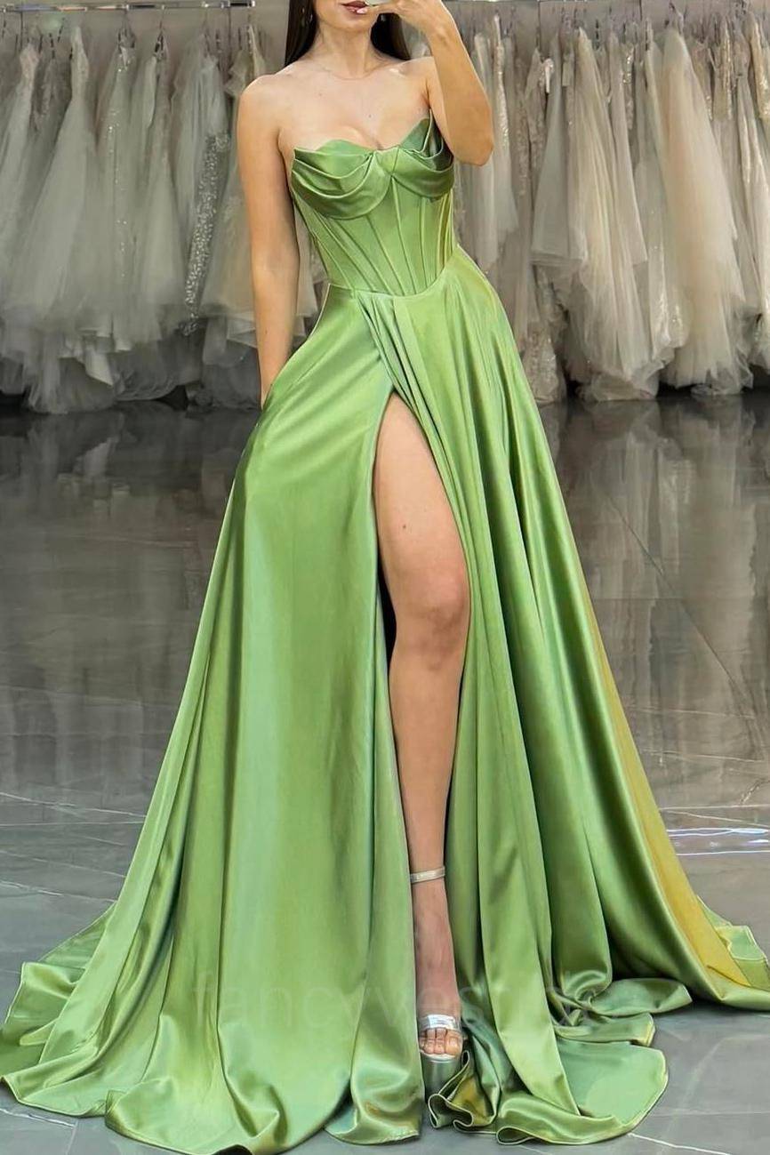 Strapless Corset Satin A-Line Prom Dress with Side Slit FancyVestido Strapless Corset Satin A-Line Prom Dress with Side Slit FancyVestido