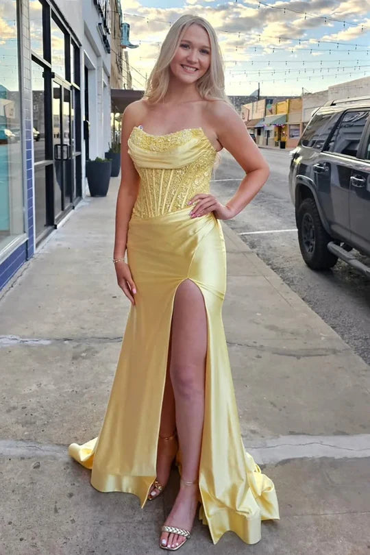 Fuchsia Strapless Applique Mermaid Prom Dress with Slit