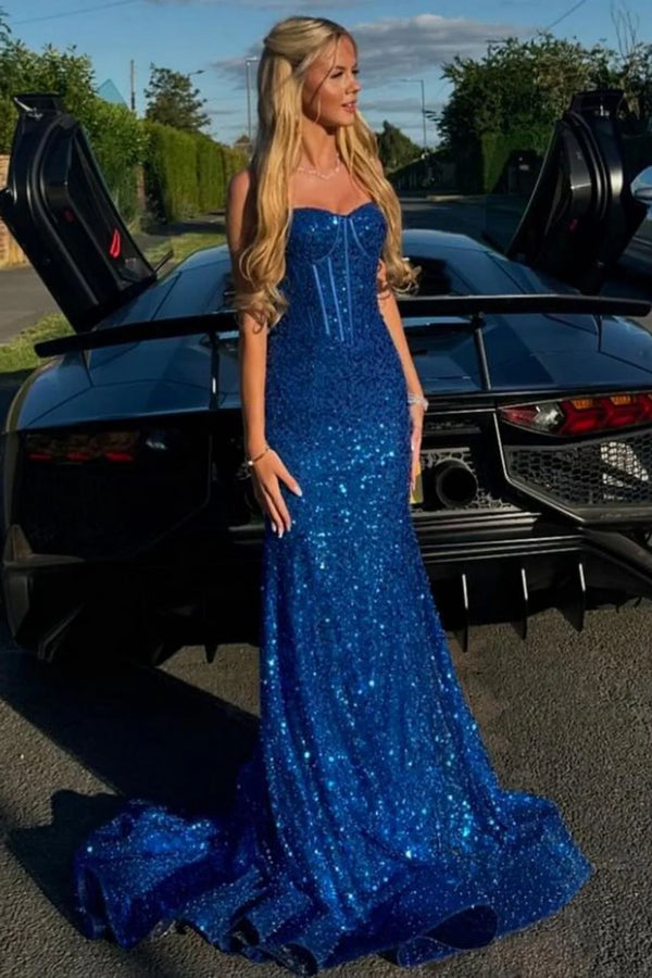 Straps Blue Sweetheart Sequin Beaded Mermaid Prom Dress