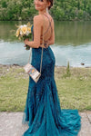 Stunning Blue Lace Appliqus Long Prom Dress