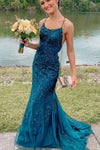 Stunning Blue Lace Appliqus Long Prom Dress