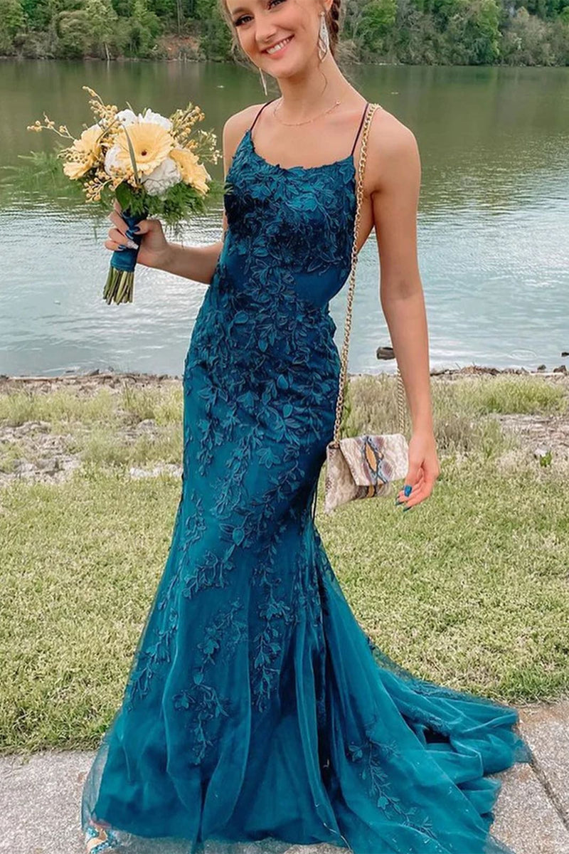 Stunning Blue Lace Appliqus Long Prom Dress