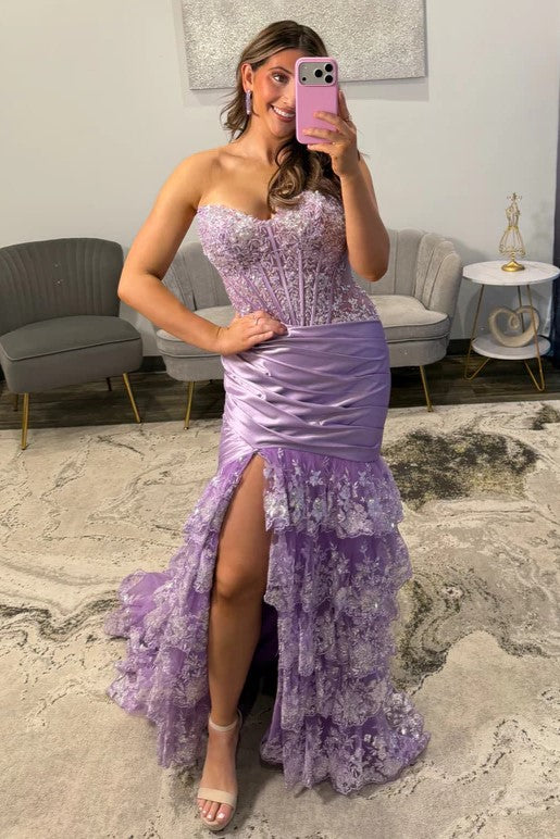 Dark Blue Sweetheart Applique Ruffle Mermaid Prom Dress