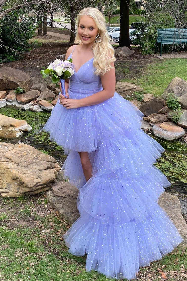 Glitter Hi-Low Lavender Tiered Tulle Prom Dress – FancyVestido