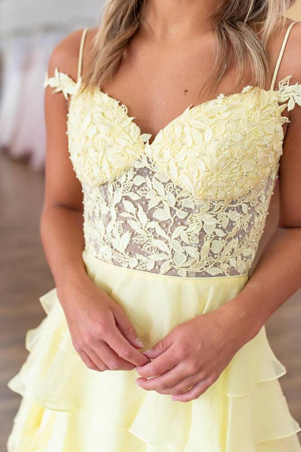 Yellow Sweetheart Applique Ruffle Prom Dress with Slit