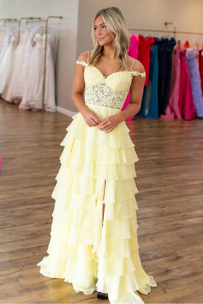 yellow ruffle prom dress Yellow Sweetheart Applique Ruffle Prom Dress with Slit – FancyVestido