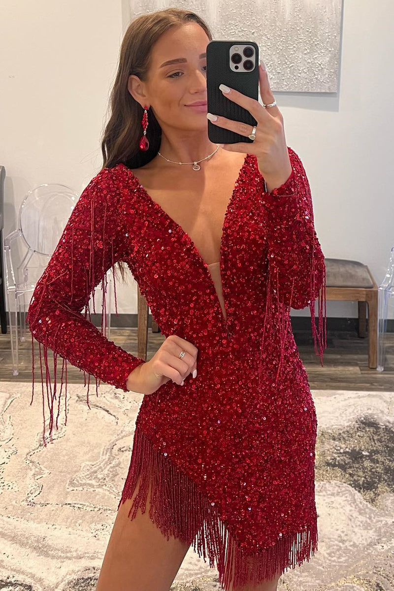 Red Plunging Neck Long Sleeves Homecoming Dress with Fringe