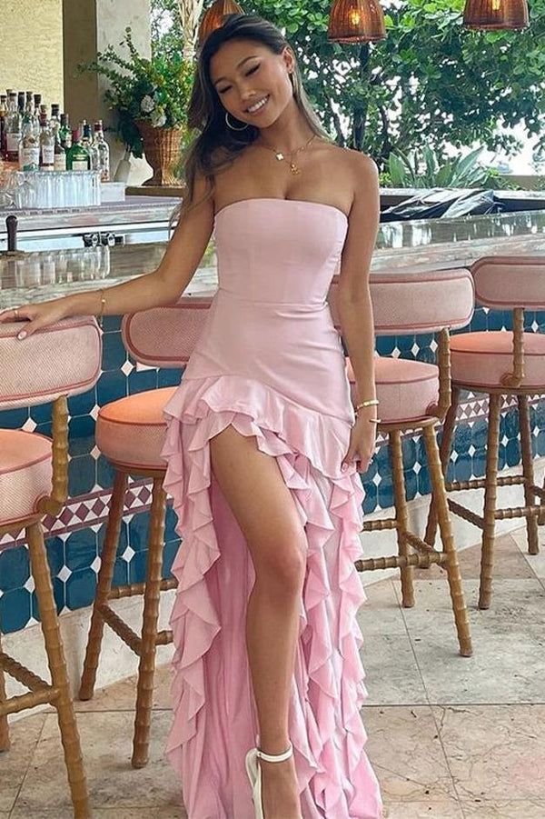 Strapless Black Ruffle High Slit Prom Dress