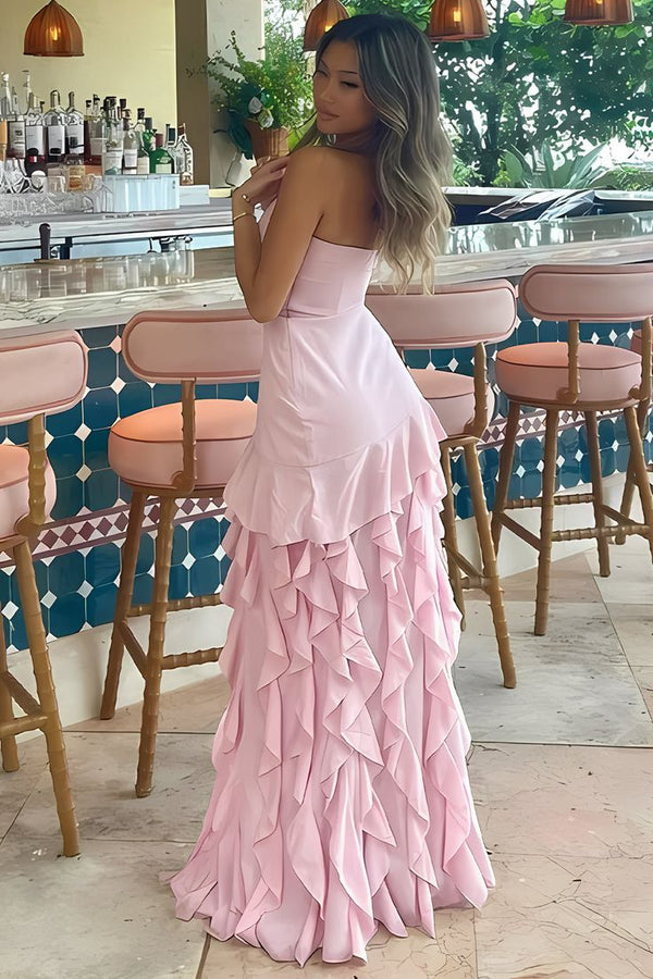 Strapless Black Ruffle High Slit Prom Dress
