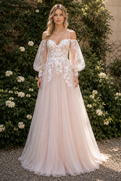 Sweetheart Long Sleeves Tulle A-Line Appliques Wedding Dress