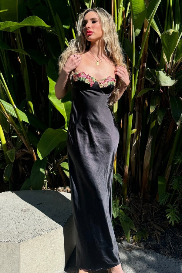 Sexy Straps Green Embroidery Floral Applique Maxi Dress