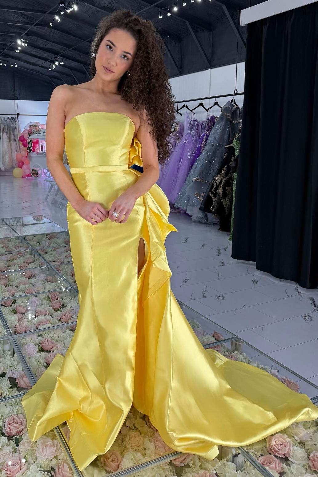 Strapless Satin Mermaid Slit Prom Dress with Bow Back FancyVestido Strapless Satin Mermaid Slit Prom Dress with Bow Back FancyVestido