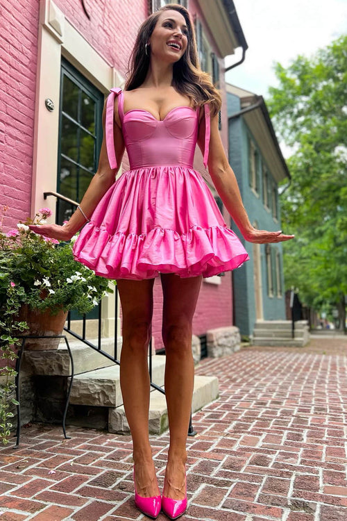 Cute Tie Straps Hot Pink Ruffle Short Homecoming Dress