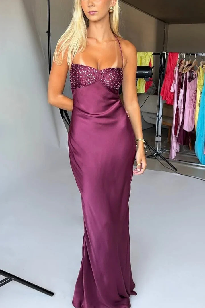 Spaghetti Straps Sequin Maxi Prom Dress with Lace-up Back