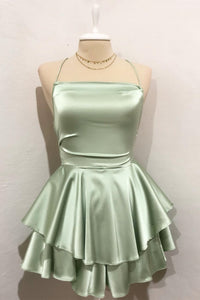 Straps Sage Ruffle A-Line Homecoming Dress with Lace-up