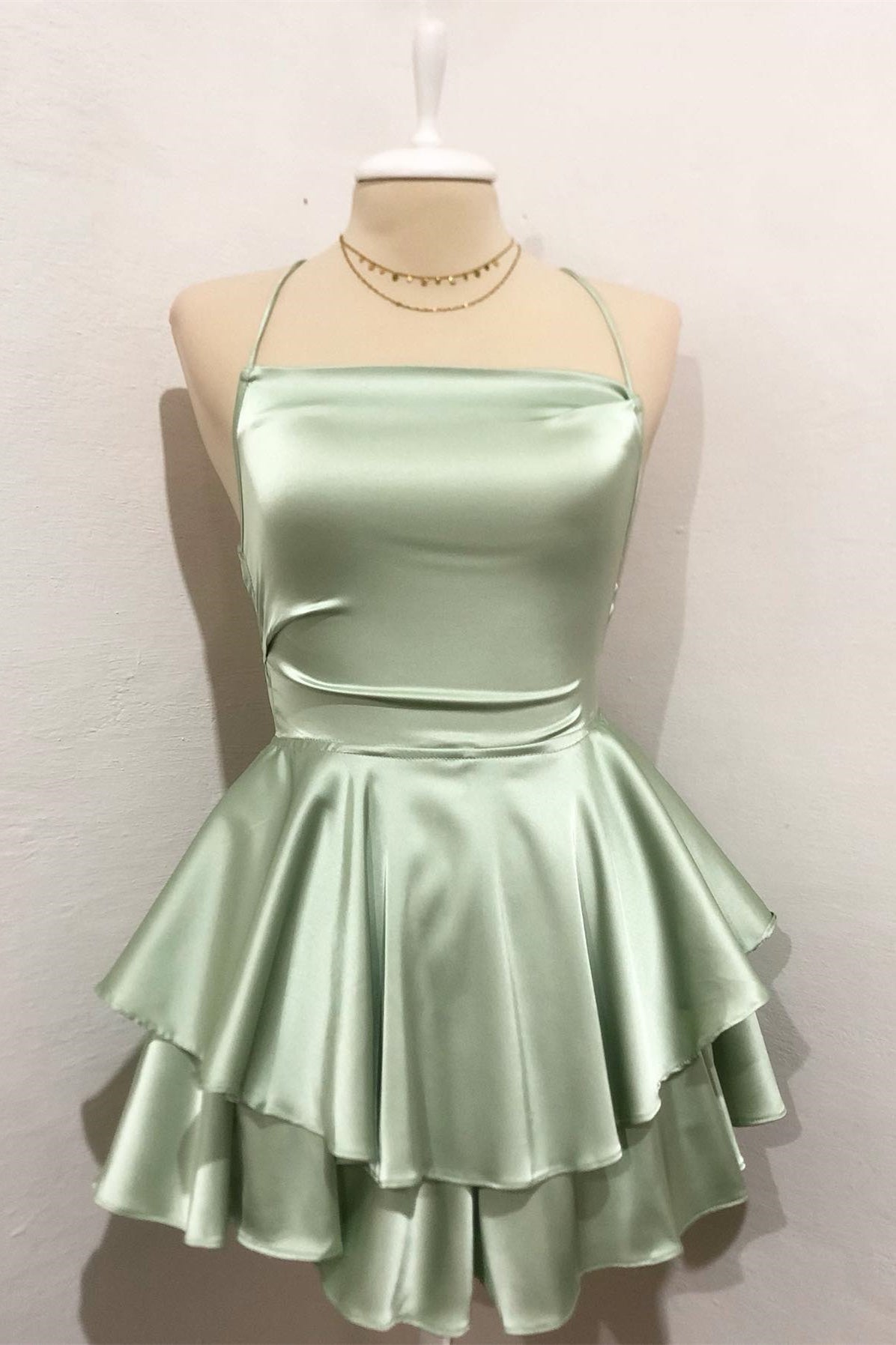 Straps Sage Ruffle A-Line Homecoming Dress with Lace-up FancyVestido Straps Sage Ruffle A-Line Homecoming Dress with Lace-up FancyVestido