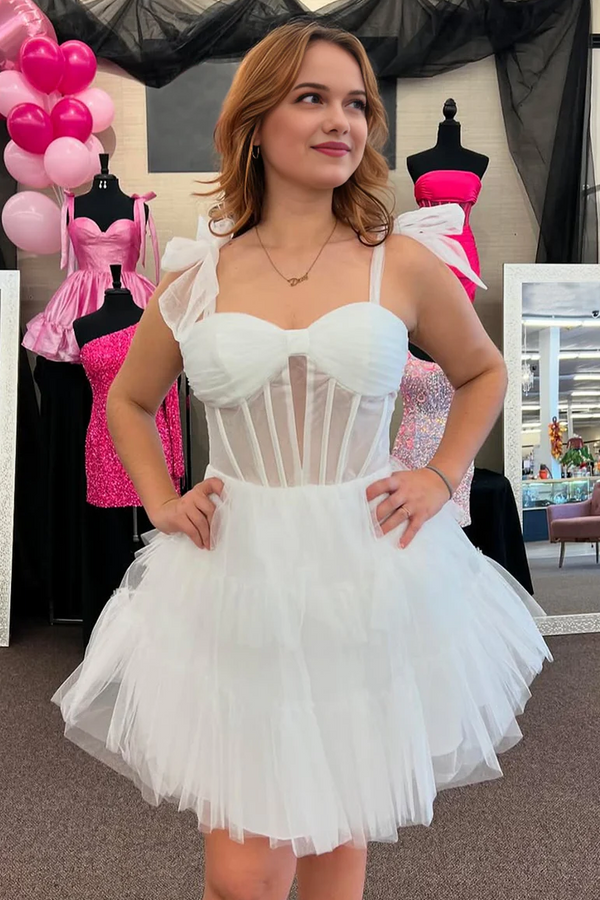 Bow Tie Straps Corset A-Line Ruffle Homecoming Dress