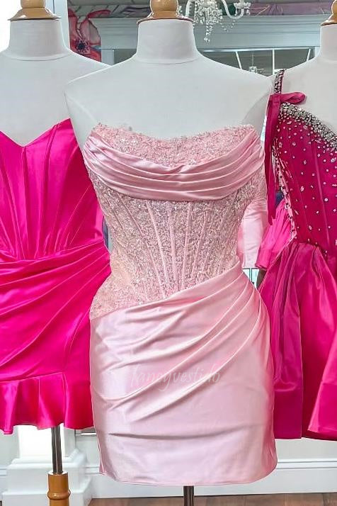 Strapless Applique Pleated Tight Homecoming Dress