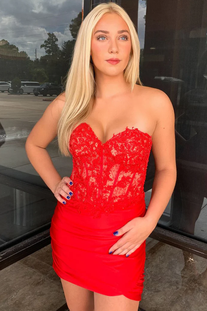 Strapless Red Lace Corset Short Homecoming Dress