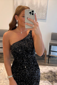 Glitter Black One Shoulder Short Homecoming Dress
