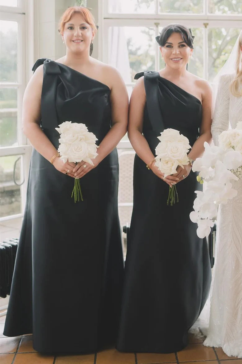 One Shoulder Satin Bridesmaid Dresses with Bow – FancyVestido One Shoulder Satin Bridesmaid Dresses with Bow – FancyVestido