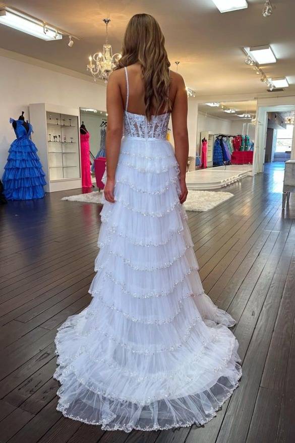 Sweetheart White Applique Tiered Prom Dress with Bow