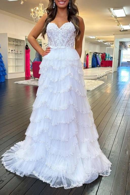 Sweetheart White Applique Tiered Prom Dress with Bow
