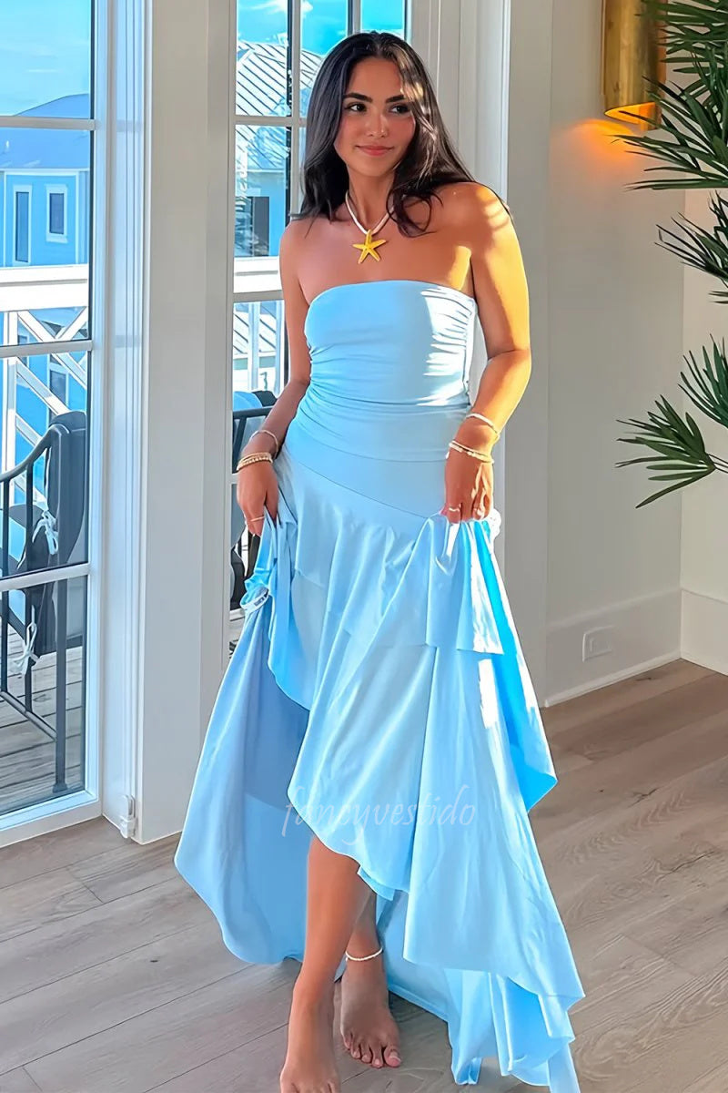 Strapless Yellow Slit Prom Maxi Dress with Ruffle FancyVestido Strapless Yellow Slit Prom Maxi Dress with Ruffle FancyVestido