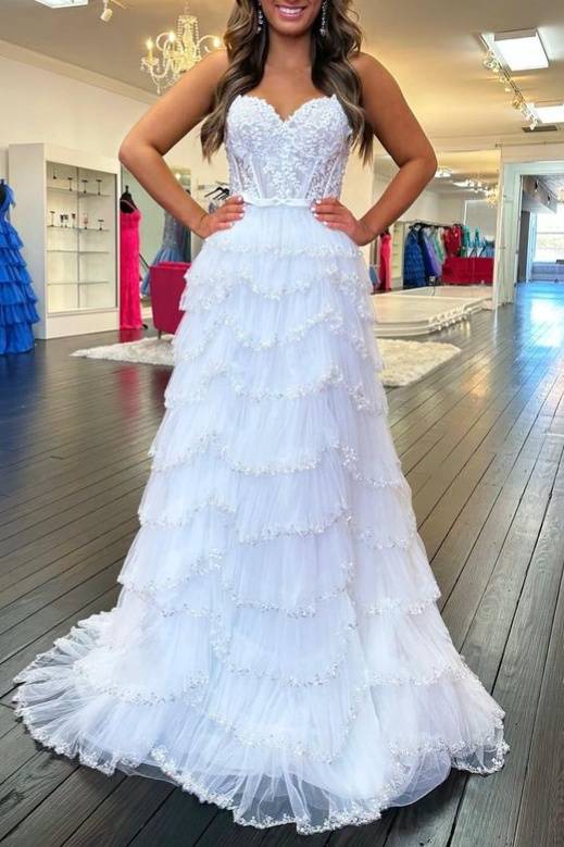 Sweetheart White Applique Tiered Prom Dress with Bow