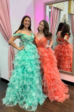 Off the Shoulder Coral Print Tiered Long Prom Dress