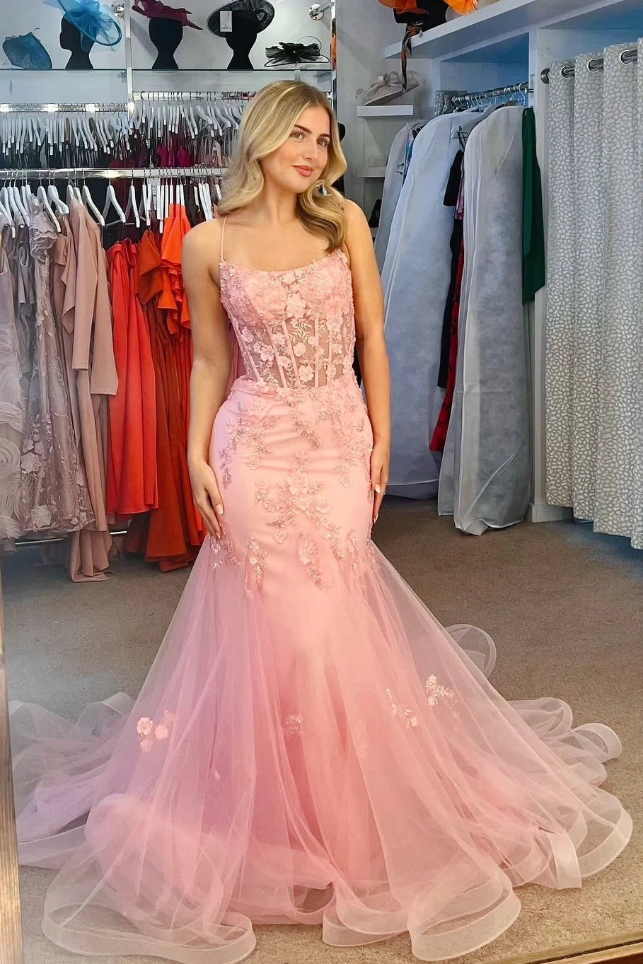 3D Floral Spaghetti Straps Mermaid Lace Prom Dress With Tulle Train