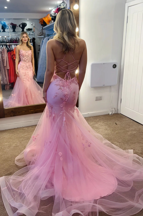 3D Floral Spaghetti Straps Mermaid Lace Prom Dress With Tulle Train