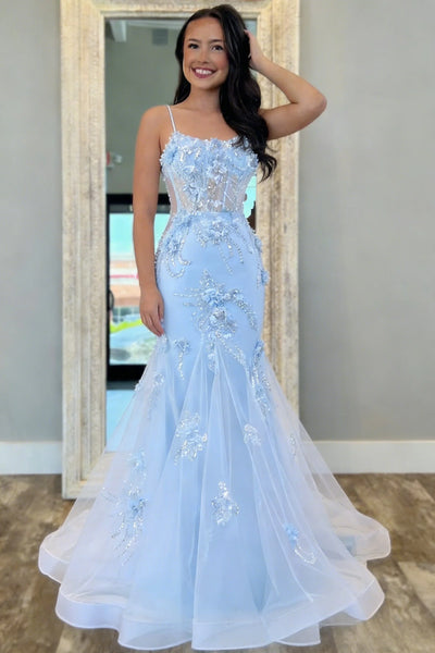 3D Floral Spaghetti Straps Mermaid Lace Prom Dress With Tulle Train