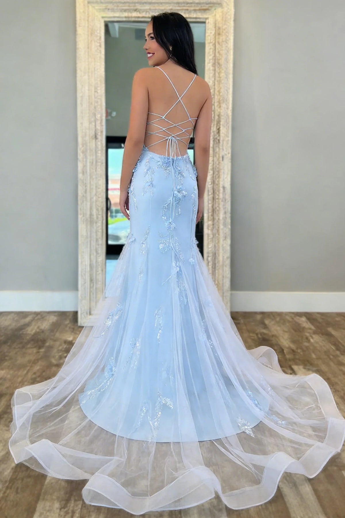 3D Floral Spaghetti Straps Mermaid Lace Prom Dress With Tulle Train