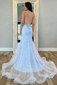 3D Floral Spaghetti Straps Mermaid Lace Prom Dress With Tulle Train