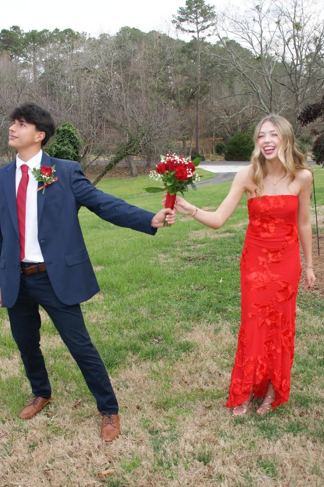 3D Floral Strapless Maxi Party Prom Dress With Train