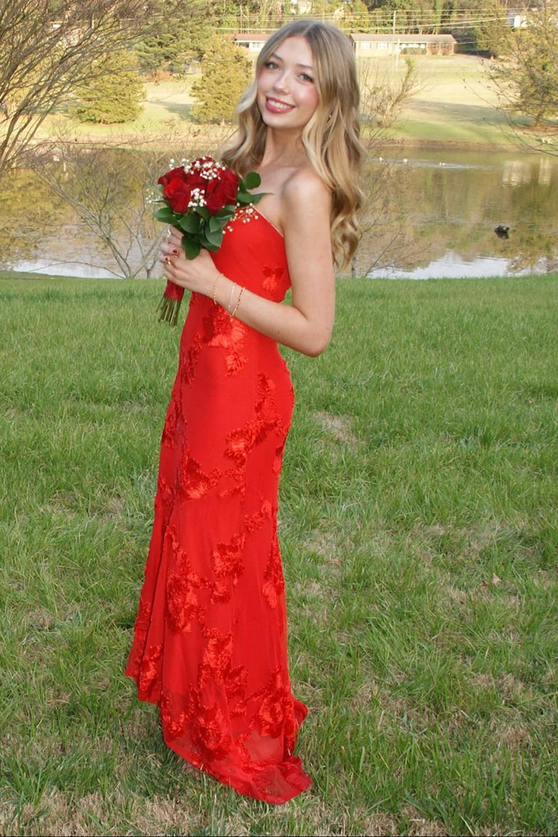 3D Floral Strapless Maxi Party Prom Dress With Train