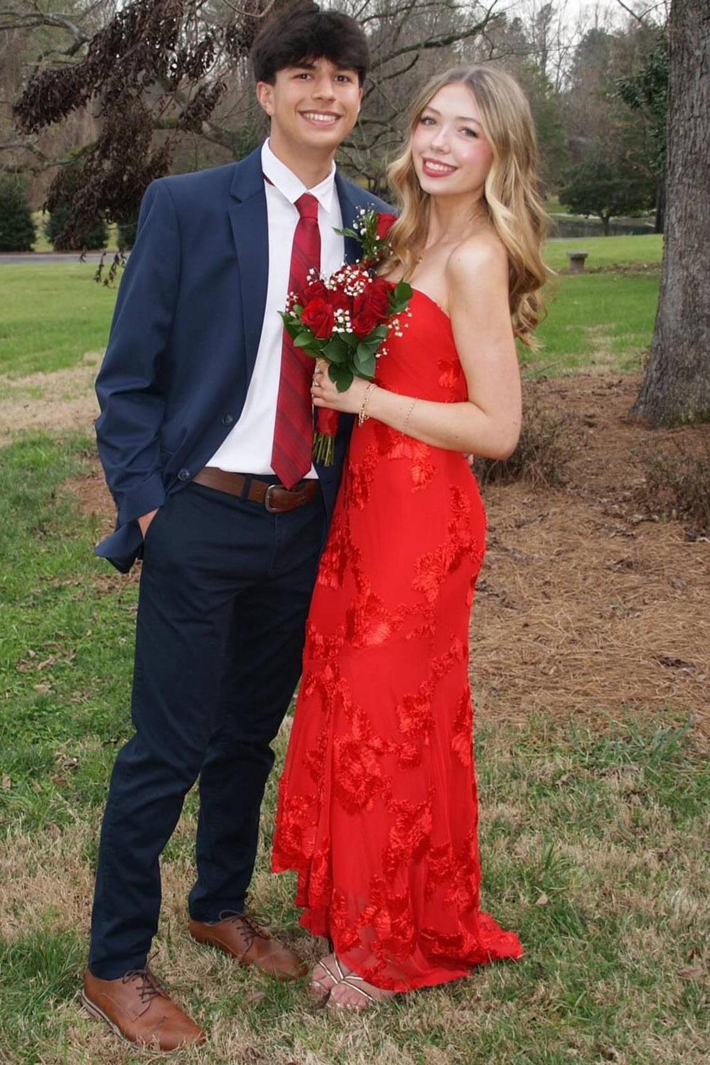 3D Floral Strapless Maxi Party Prom Dress With Train