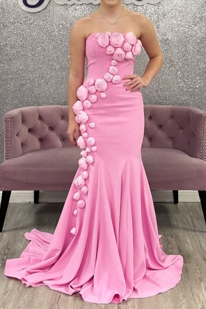 3D Florals Strapless Satin Party Prom Dress With Mermaid Train