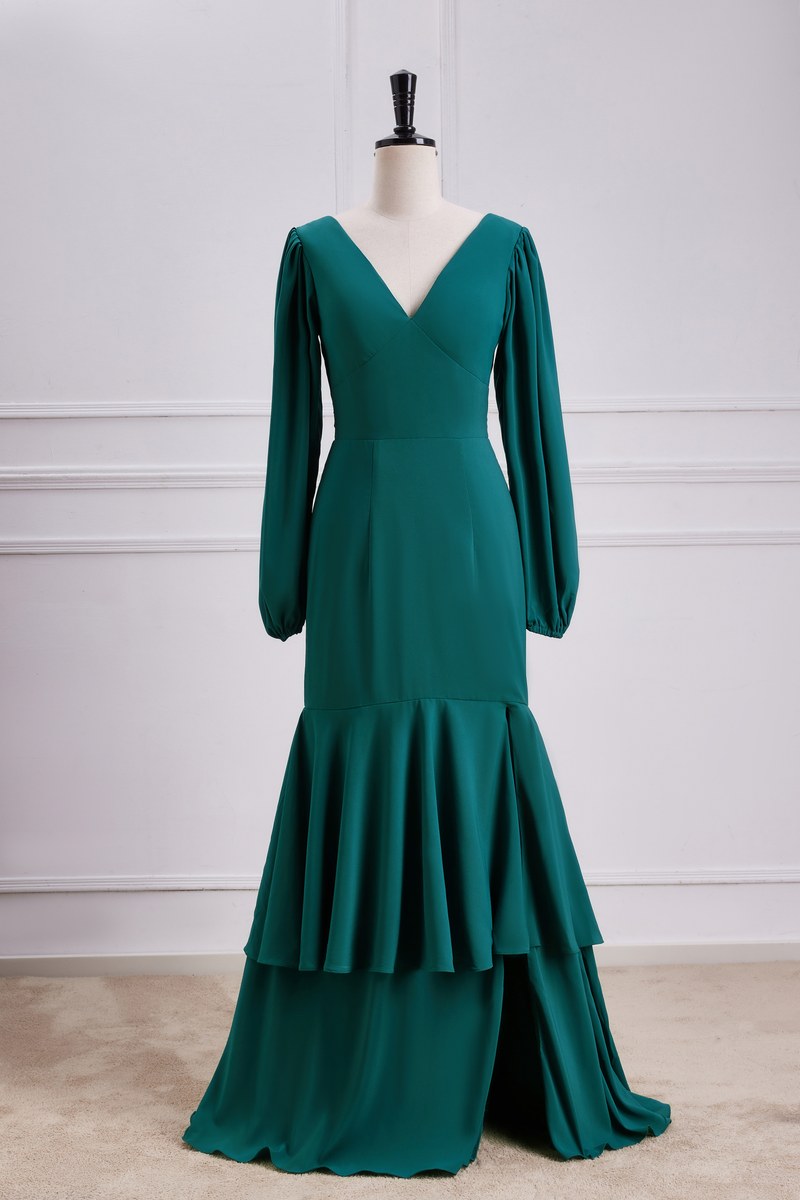 Elegant V Neck Emerald Green Mermaid Skirt Slit Bridesmaid Dresses –  FancyVestido