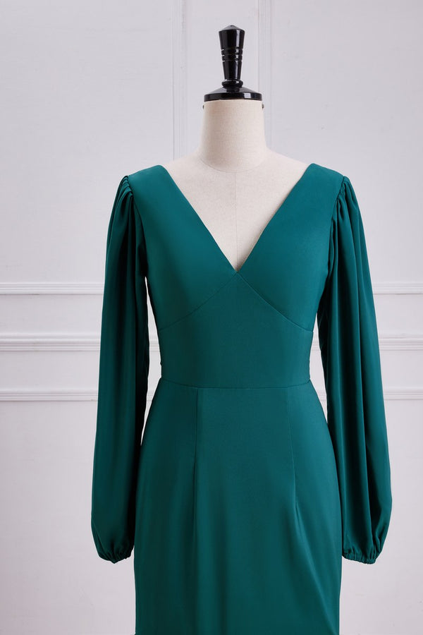 Elegant V Neck Emerald Green Mermaid Skirt Slit Bridesmaid Dresses