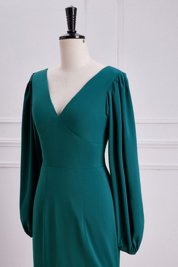 Elegant V Neck Emerald Green Mermaid Skirt Slit Bridesmaid Dresses